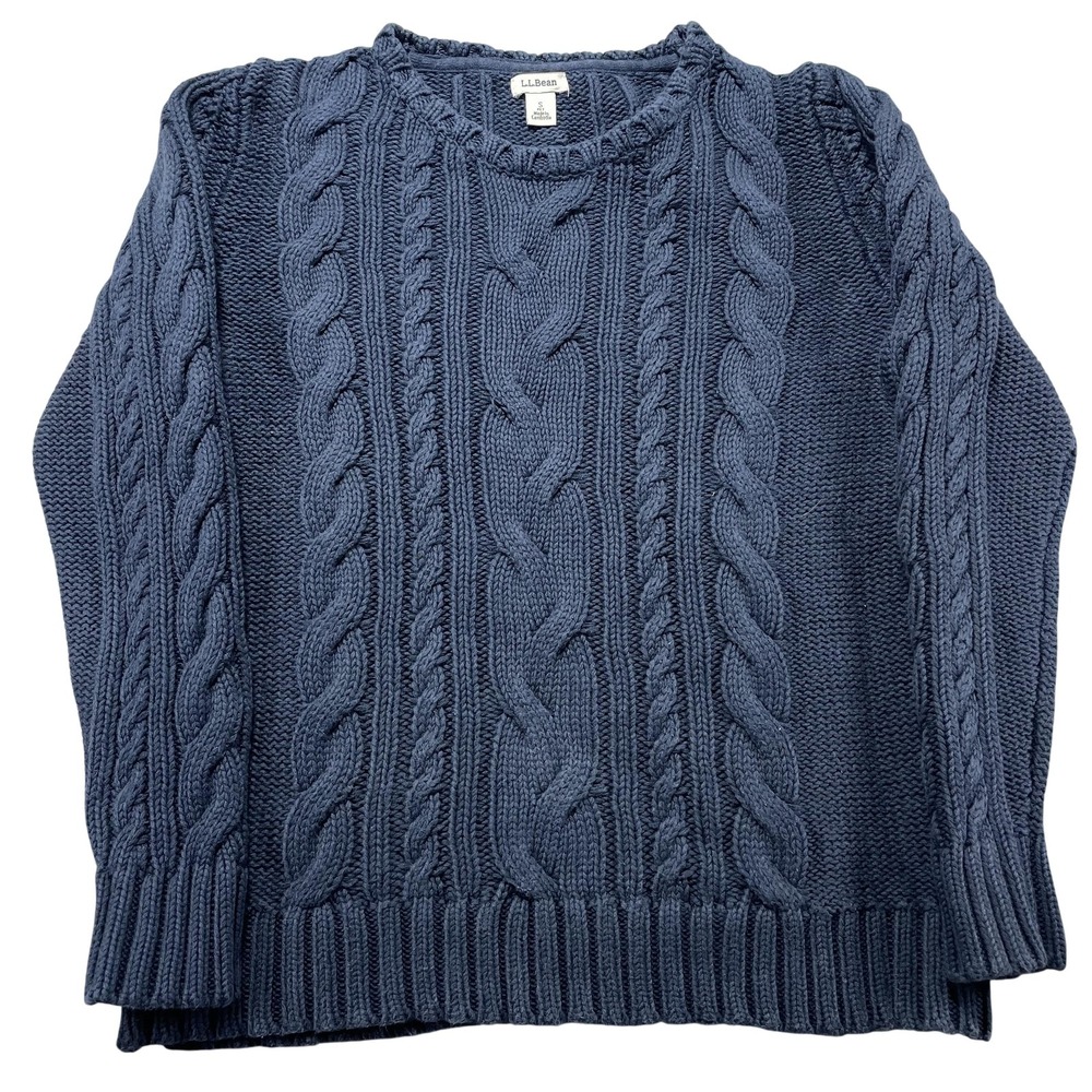 L.L.Bean Sweater Womens Petite S Blue 100% Cotton Cable Knit Crewneck Pullover